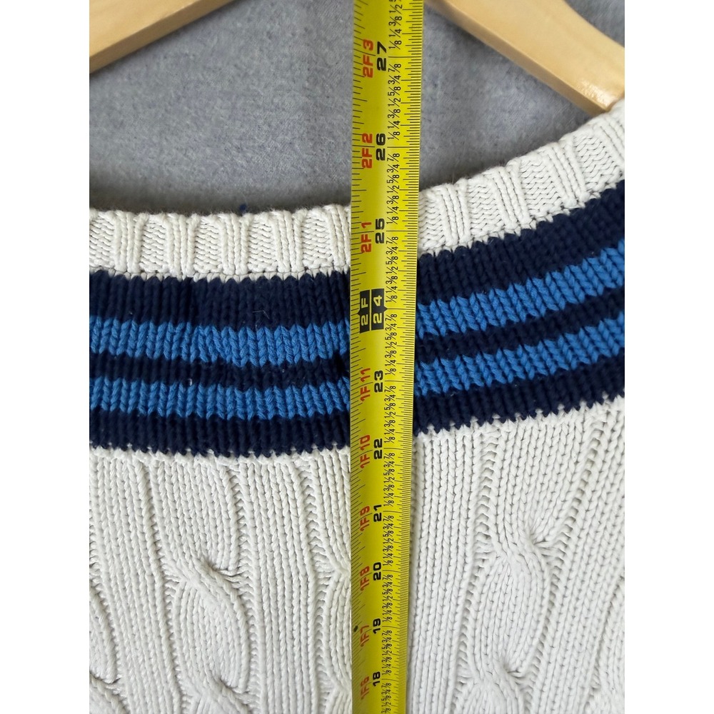 Polo Ralph Lauren Cricket Sweater Mens Large White Cable Knit Blue Stripe V-Neck - Picture 4 of 8